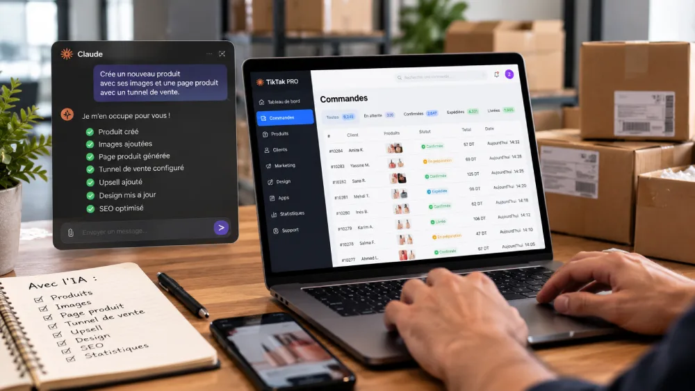 Boutique e-commerce pilotée par un assistant IA : commandes dans TikTak PRO et création de produit, page produit, tunnel de vente, design et SEO délégués à l'IA