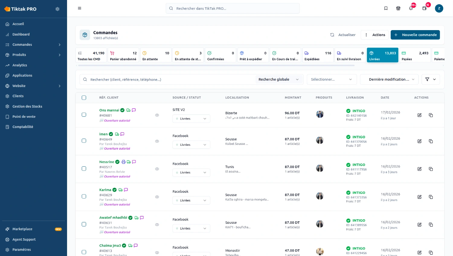 Dashboard TikTak PRO - Gestion des commandes e-commerce